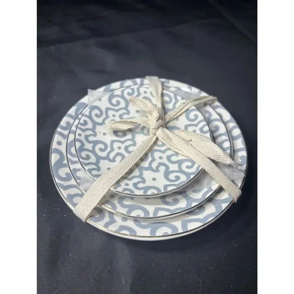 New Gray Swirl Ceramic Trinket Plate Set of 3 NWT